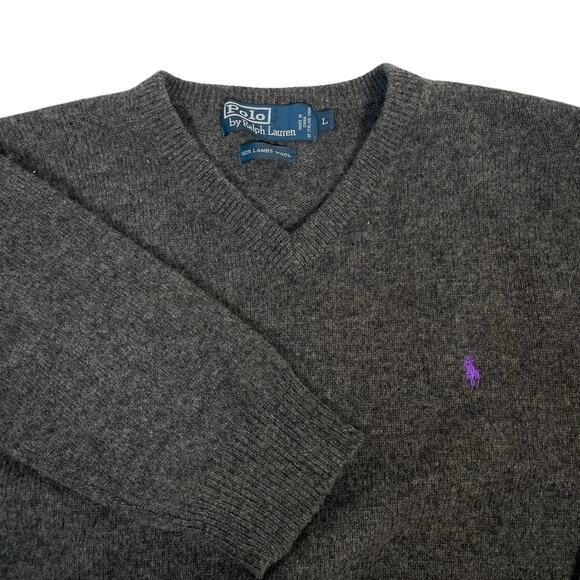 Polo Ralph Lauren Mens Large Pullover Wool Knit Sweater Gray Purple - Picture 2 of 7